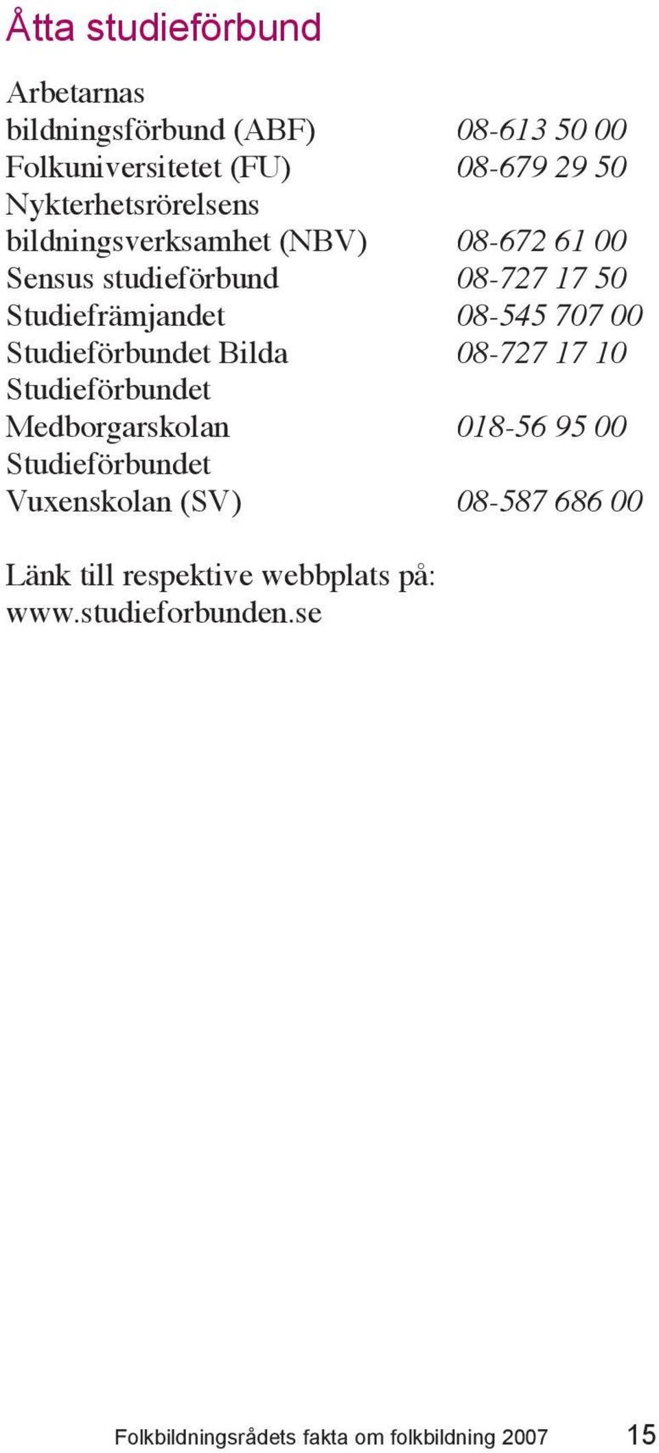 08-545 707 00 Studieförbundet Bilda 08-727 17 10 Studieförbundet Medborgarskolan 018-56 95 00 Studieförbundet