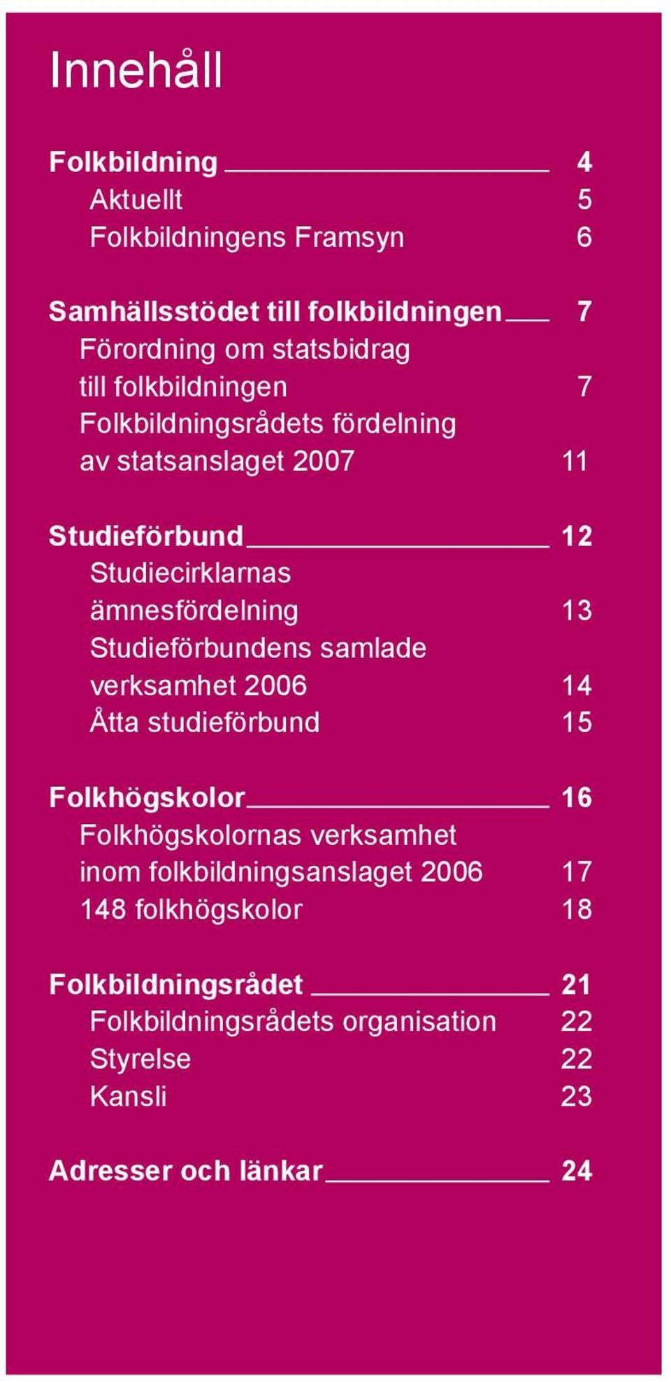 verksamhet 2006 14 Åtta studieförbund 15 Folkhögskolor 16 Folkhögskolornas verksamhet inom folkbildningsanslaget 2006 17 148 folkhögskolor 18