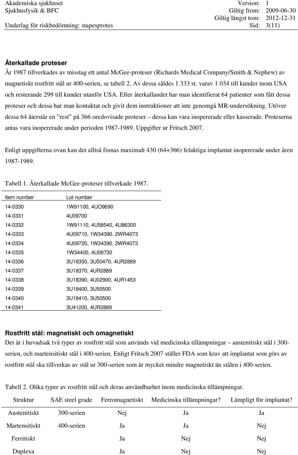 Efter återkallandet har man identifierat 64 patienter som fått dessa proteser och dessa har man kontaktat och givit dem instruktioner att inte genomgå MR-undersökning.