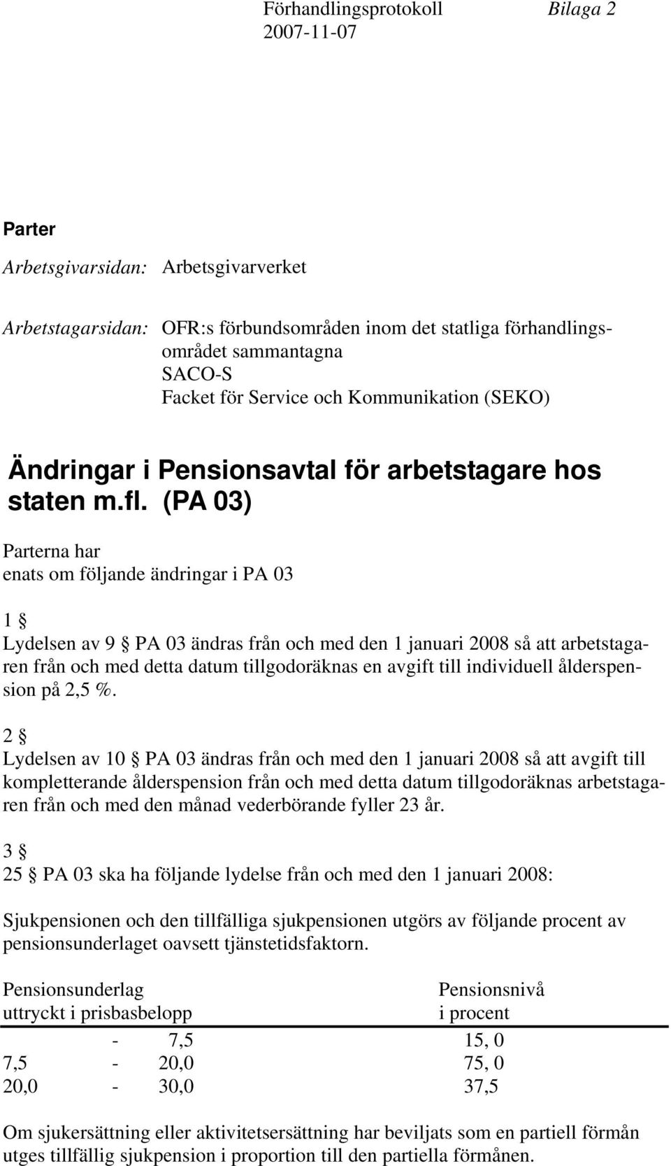 (PA 03) Parterna har enats om följande ändringar i PA 03 1 Lydelsen av 9 PA 03 ändras från och med den 1 januari 2008 så att arbetstagaren från och med detta datum tillgodoräknas en avgift till