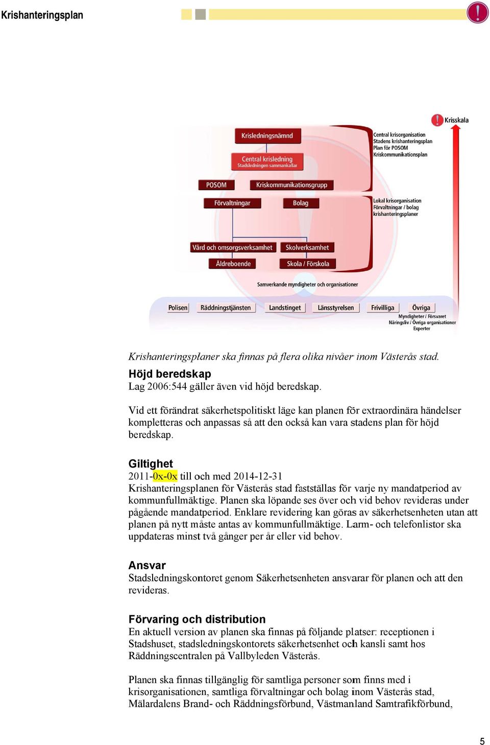 Giltighet 2011-0x-0x till och med 2014-12-31 Krishanteringsplanen för Västerås stad fastställas för varje ny mandatperiod av kommunfullmäktige.