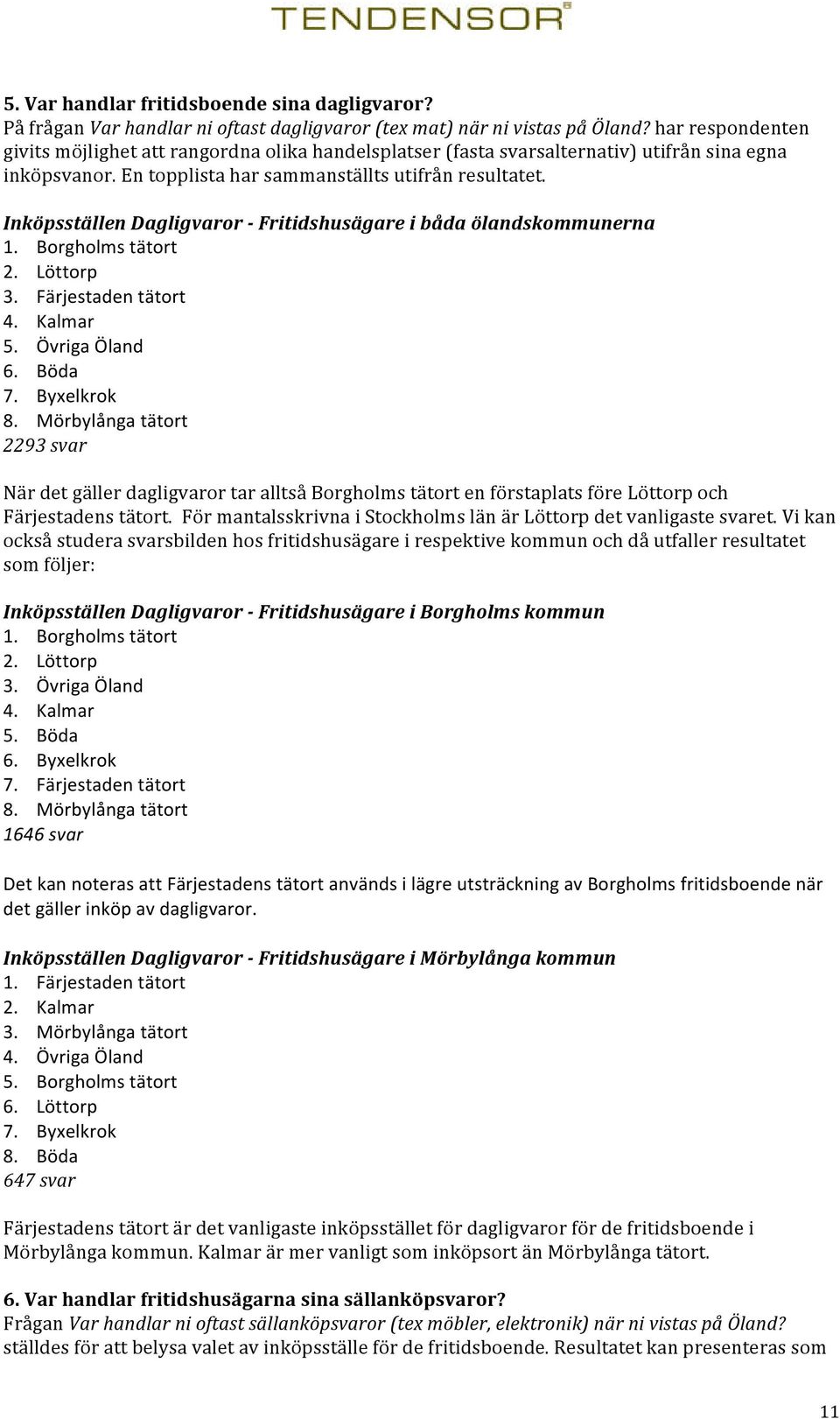 Inköpsställen Dagligvaror - Fritidshusägare i båda ölandskommunerna 1. Borgholms tätort 2. Löttorp 3. Färjestaden tätort 4. Kalmar 5. Övriga Öland 6. Böda 7. Byxelkrok 8.