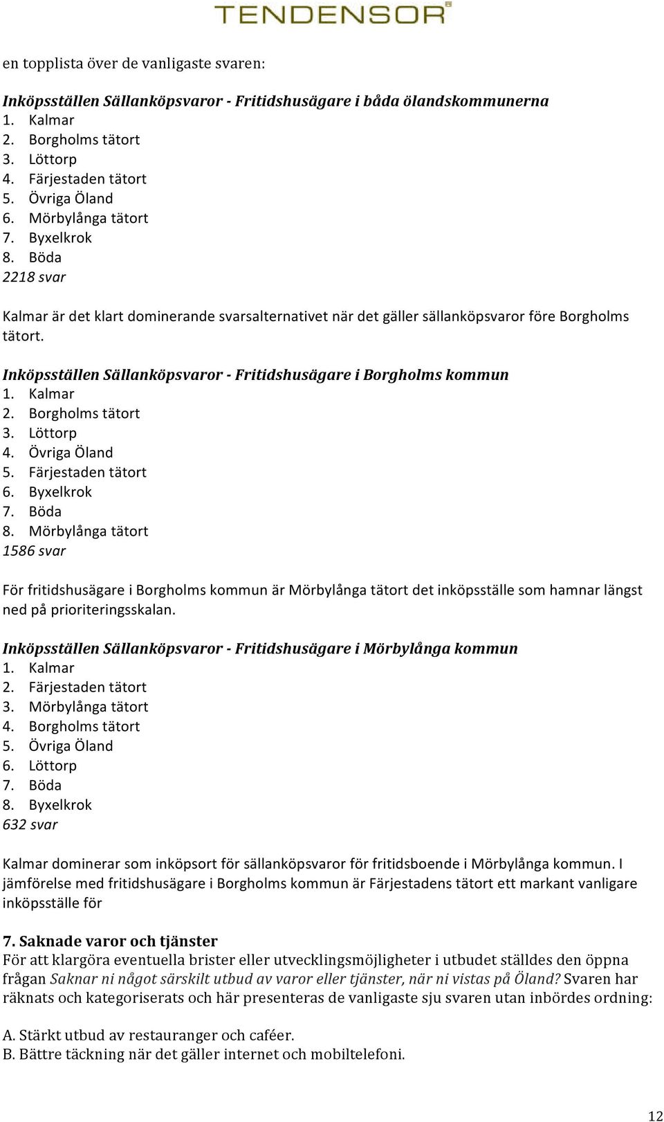 Inköpsställen Sällanköpsvaror - Fritidshusägare i Borgholms kommun 1. Kalmar 2. Borgholms tätort 3. Löttorp 4. Övriga Öland 5. Färjestaden tätort 6. Byxelkrok 7. Böda 8.