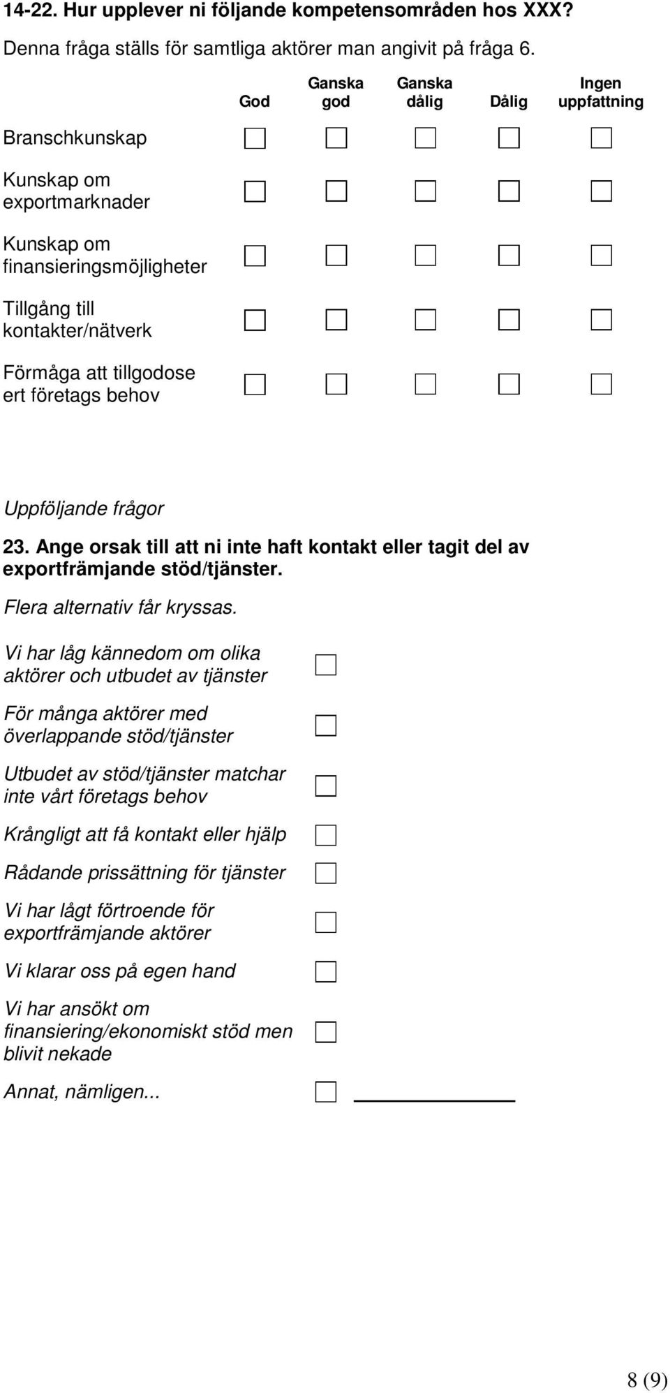 Uppföljande frågor 23. Ange orsak till att ni inte haft kontakt eller tagit del av exportfrämjande stöd/tjänster.