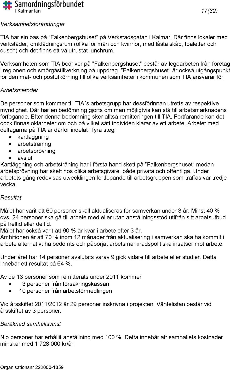 Verksamheten som TIA bedriver på Falkenbergshuset består av legoarbeten från företag i regionen och smörgåstillverkning på uppdrag.