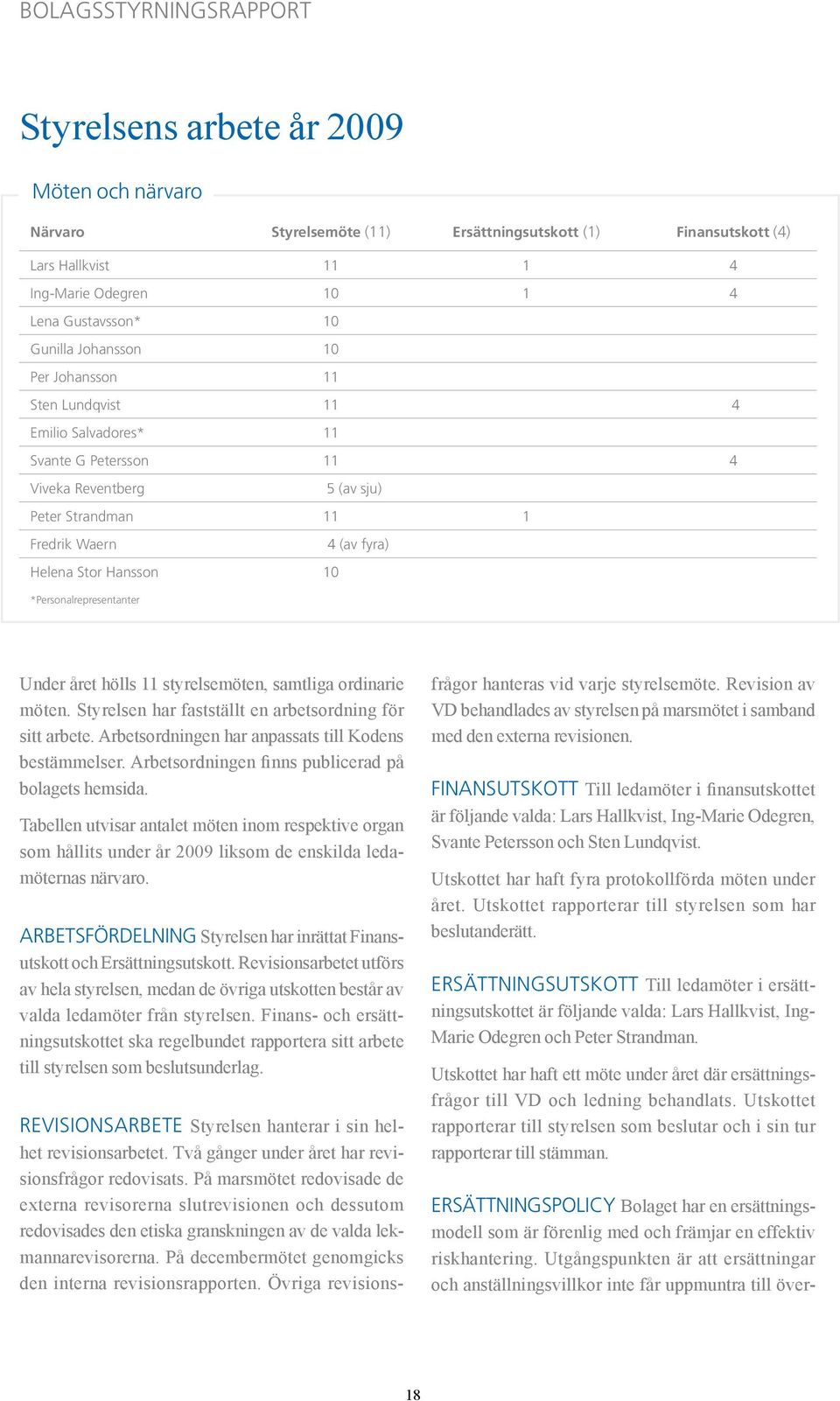 Hansson 10 *Personalrepresentanter Under året hölls 11 styrelsemöten, samtliga ordinarie möten. Styrelsen har fastställt en arbetsordning för sitt arbete.