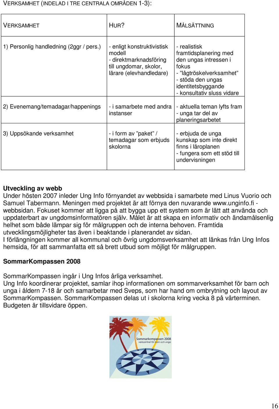 - i form av paket / temadagar som erbjuds skolorna - realistisk framtidsplanering med den ungas intressen i fokus - lågtröskelverksamhet - stöda den ungas identitetsbyggande - konsultativ sluss