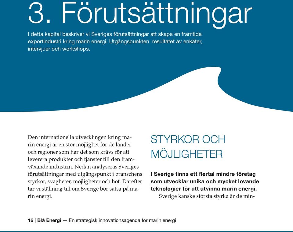 Nedan analyseras Sveriges förutsättningar med utgångspunkt i branschens styrkor, svagheter, möjligheter och hot. Därefter tar vi ställning till om Sverige bör satsa på marin energi.