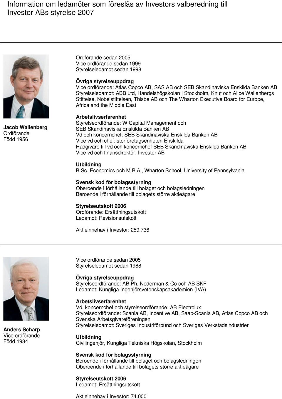 the Middle East Jacob Wallenberg Ordförande Född 1956 Styrelseordförande: W Capital Management och SEB Skandinaviska Enskilda Banken AB Vd och koncernchef: SEB Skandinaviska Enskilda Banken AB Vice