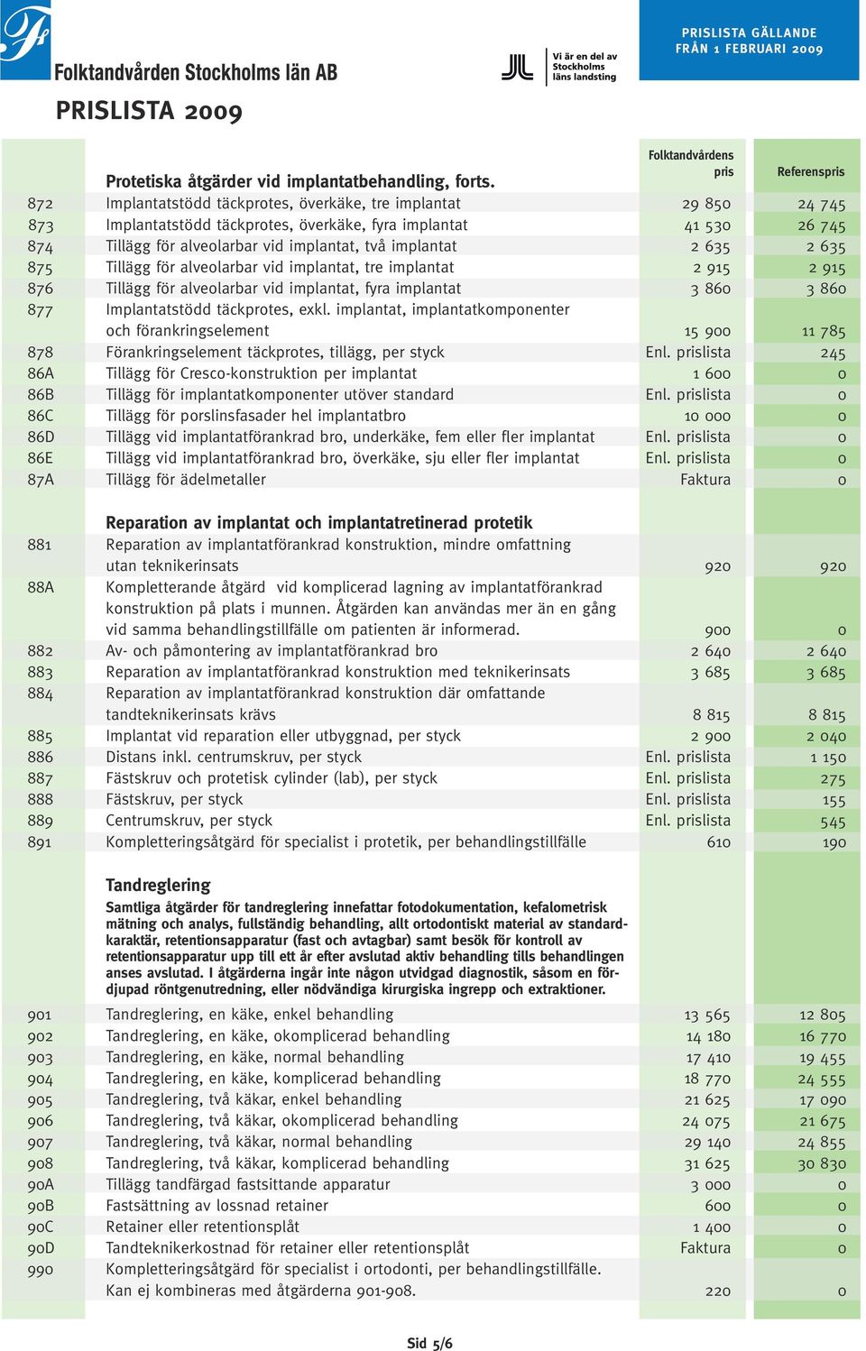 635 2 635 875 Tillägg för alveolarbar vid implantat, tre implantat 2 915 2 915 876 Tillägg för alveolarbar vid implantat, fyra implantat 3 860 3 860 877 Implantatstödd täckprotes, exkl.