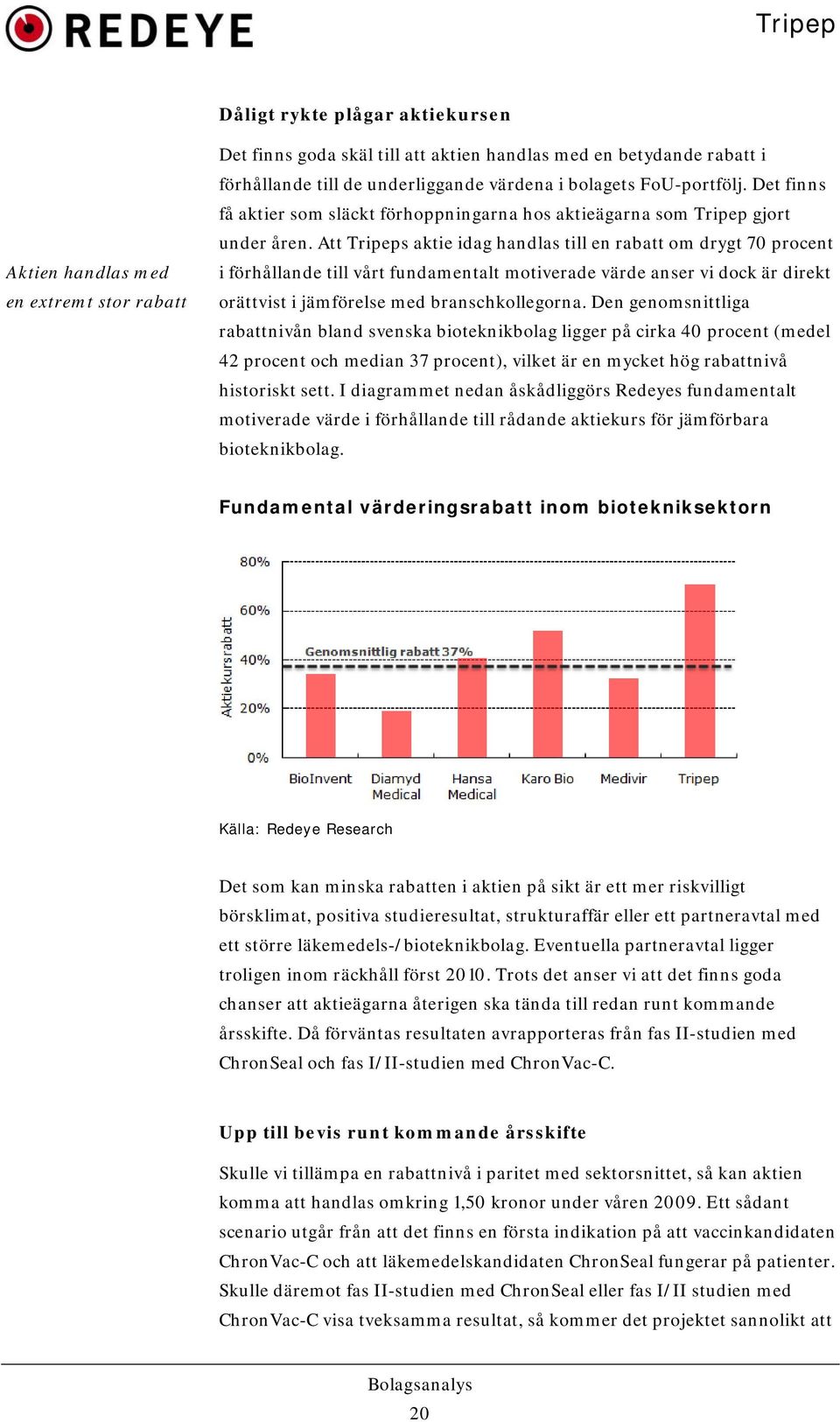 Att Tripeps aktie idag handlas till en rabatt om drygt 70 procent i förhållande till vårt fundamentalt motiverade värde anser vi dock är direkt orättvist i jämförelse med branschkollegorna.