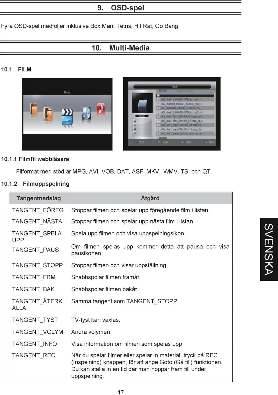 TANGENT_NÄSTA TANGENT_SPELA UPP TANGENT_PAUS TANGENT_STOPP TANGENT_FRM Stoppar filmen och spelar upp nästa film i listan. Spela upp filmen och visa uppspelningsikon.