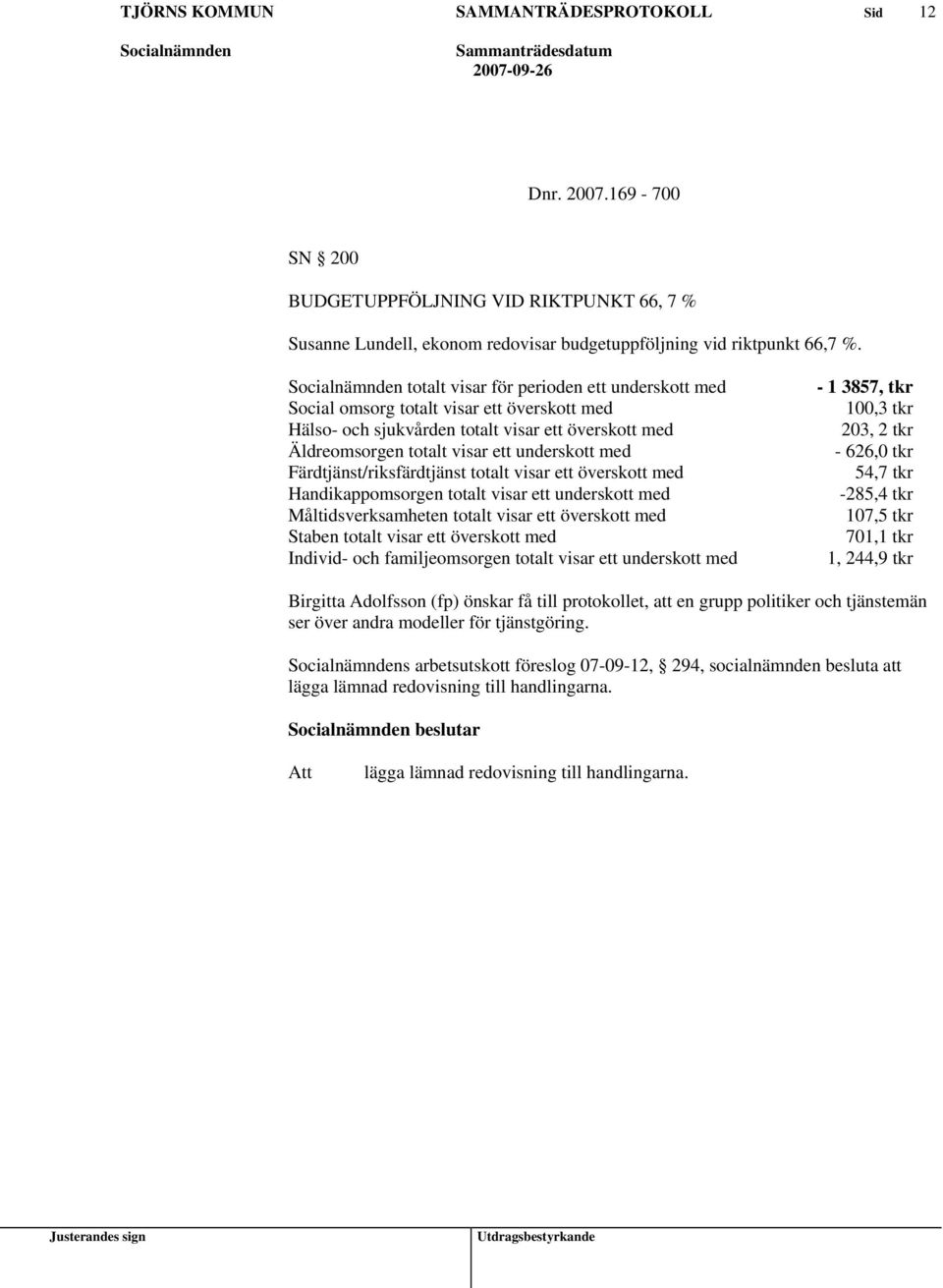 Färdtjänst/riksfärdtjänst totalt visar ett överskott med Handikappomsorgen totalt visar ett underskott med Måltidsverksamheten totalt visar ett överskott med Staben totalt visar ett överskott med