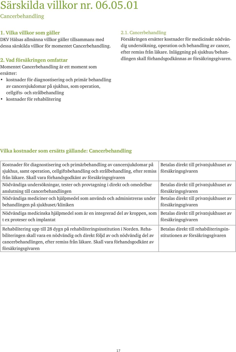 strålbehandling kostnader för rehabilitering 2.1. Cancerbehandling Försäkringen ersätter kostnader för medicinskt nödvändig undersökning, operation och behandling av cancer, efter remiss från läkare.