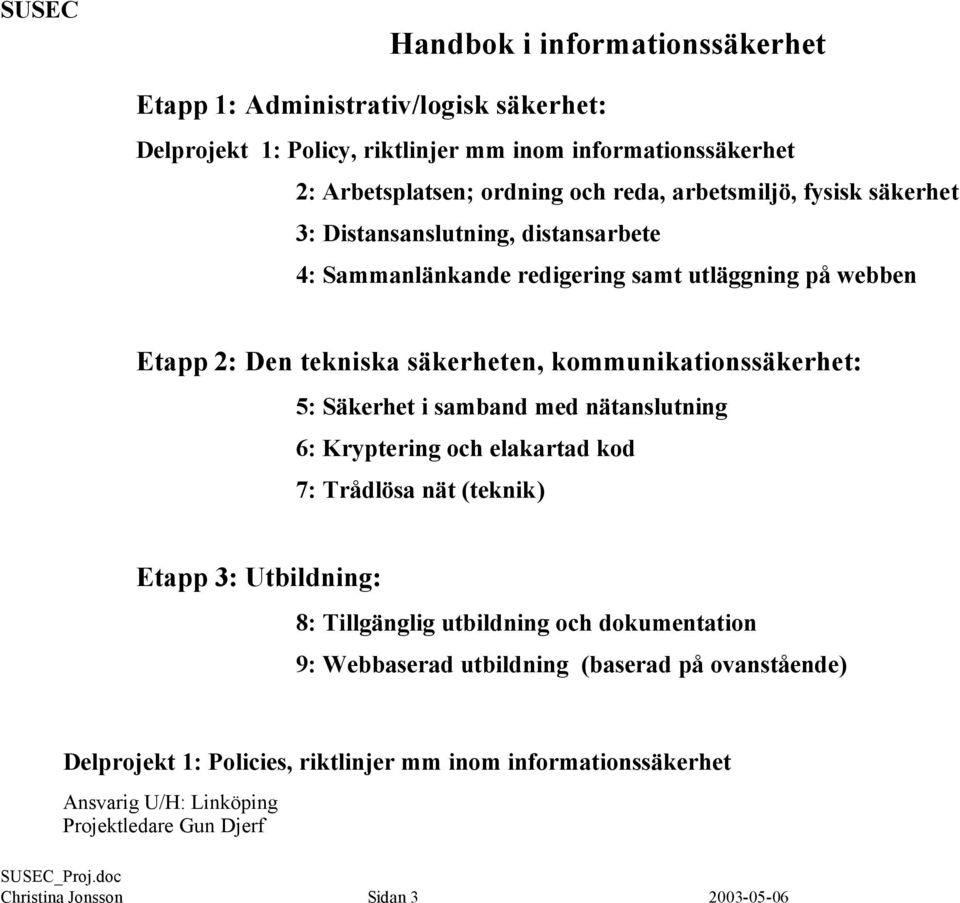 samband med nätanslutning 6: Kryptering och elakartad kod 7: Trådlösa nät (teknik) Etapp 3: Utbildning: 8: Tillgänglig utbildning och dokumentation 9: Webbaserad