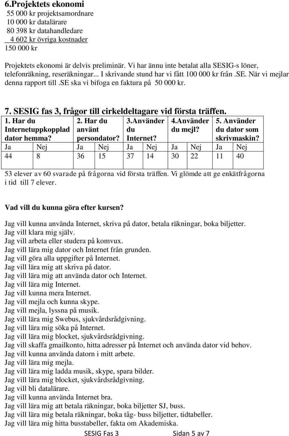 se ska vi bifoga en faktura på 50 000 kr. 7. SESIG fas 3, frågor till cirkeldeltagare vid första träffen. 1. Har du Internetuppkopplad dator hemma? 2. Har du använt persondator? 3.Använder du Internet?