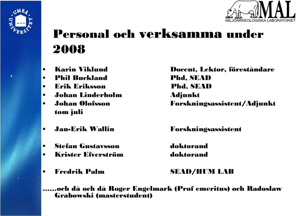 Jan-Erik Wallin Forskningsassistent Stefan Gustavsson doktorand Krister Efverström doktorand Fredrik