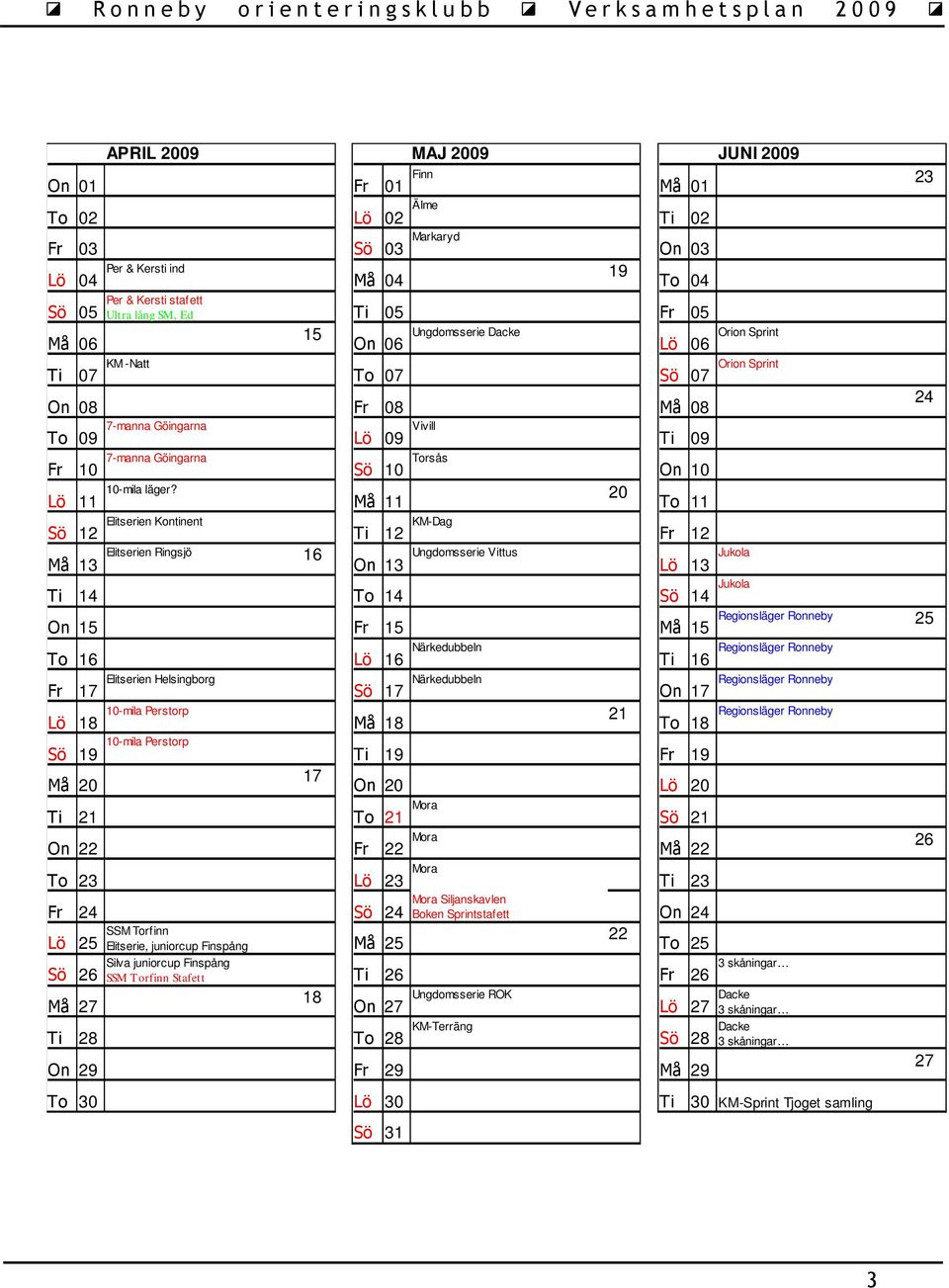 Må 11 20 To 11 Sö 12 Elitserien Kontinent Ti 12 KM-Dag Fr 12 Må 13 Elitserien Ringsjö 16 Ungdomsserie Vittus On 13 Lö 13 Jukola Ti 14 To 14 Sö 14 Jukola Orion Sprint Orion Sprint On 15 Fr 15 Må 15