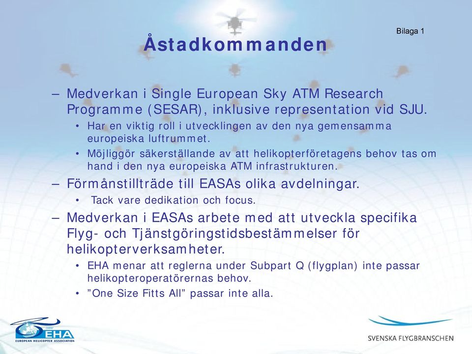 Möjliggör säkerställande av att helikopterföretagens behov tas om hand i den nya europeiska ATM infrastrukturen. Förmånstillträde till EASAs olika avdelningar.