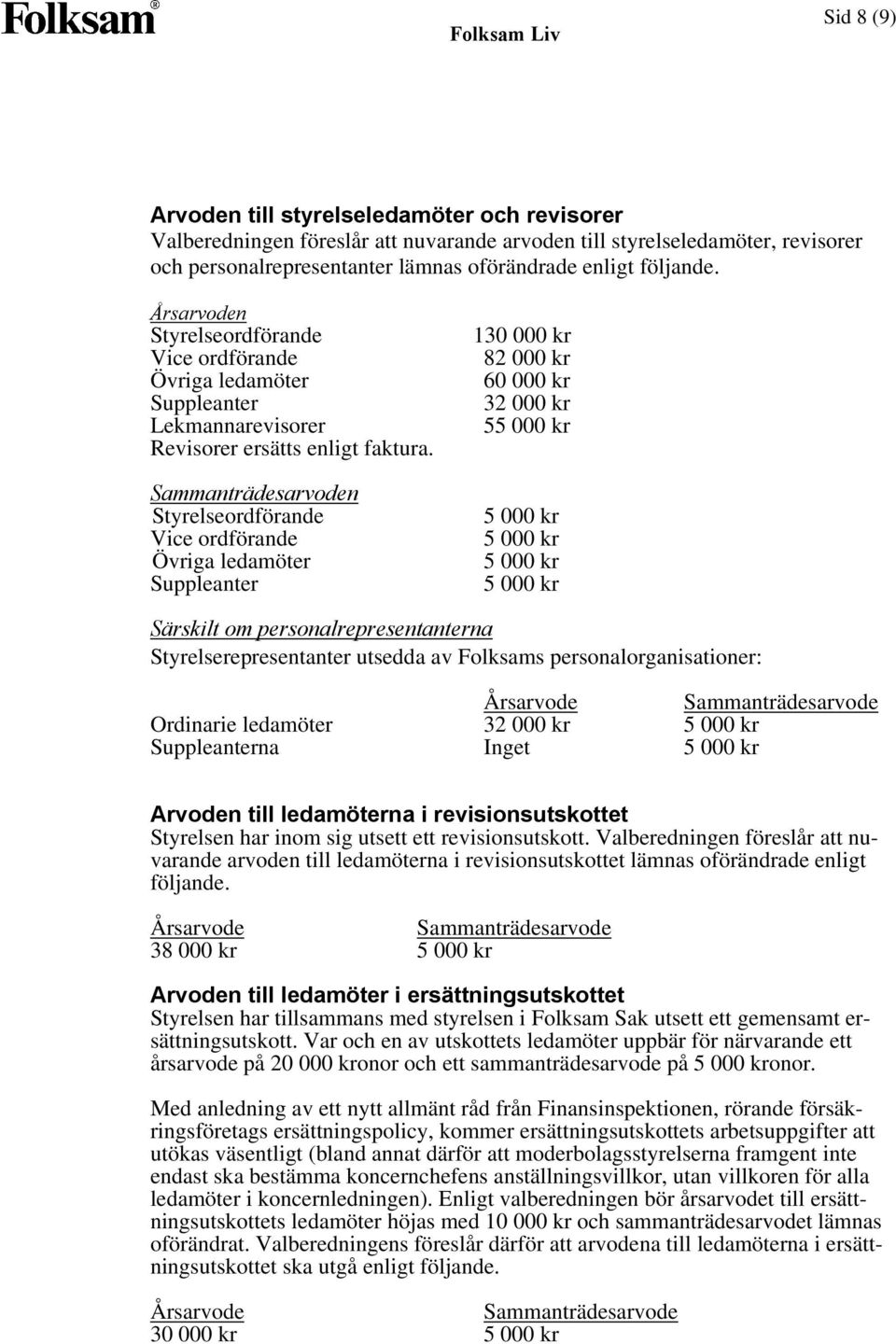 Sammanträdesarvoden Styrelseordförande Vice ordförande Övriga ledamöter Suppleanter 130 000 kr 82 000 kr 60 000 kr 32 000 kr 55 000 kr 5 000 kr 5 000 kr 5 000 kr 5 000 kr Särskilt om