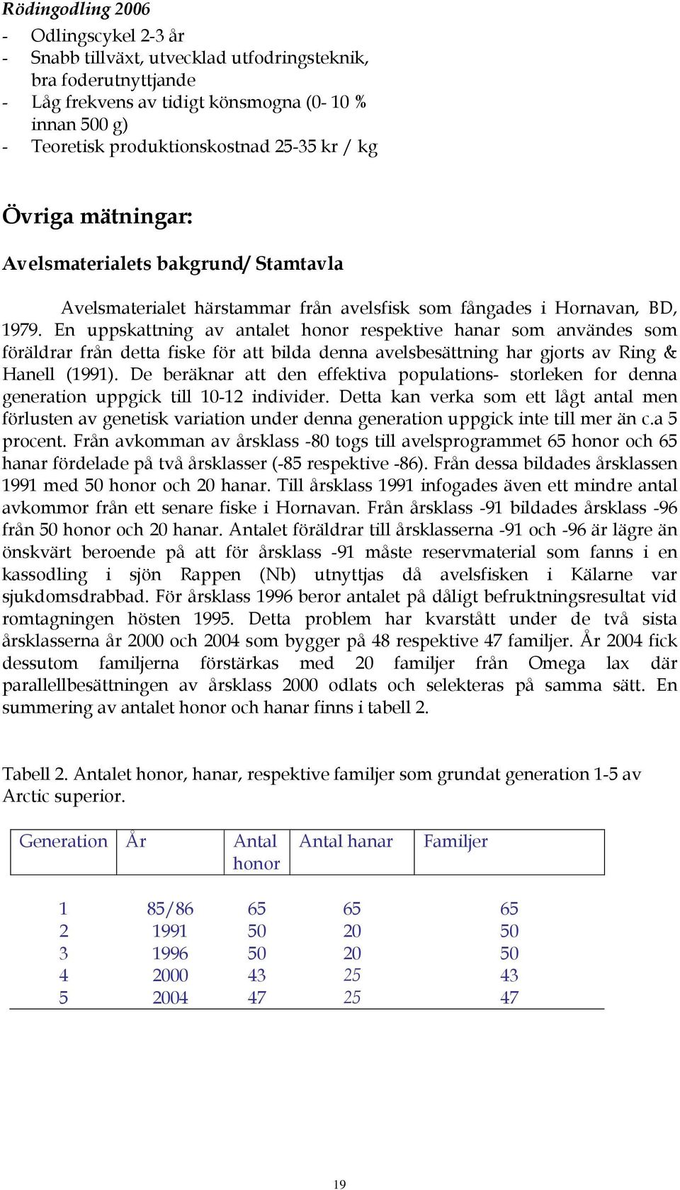 En uppskattning av antalet honor respektive hanar som användes som föräldrar från detta fiske för att bilda denna avelsbesättning har gjorts av Ring & Hanell (1991).