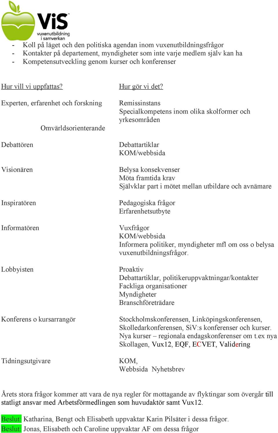 Remissinstans Specialkompetens inom olika skolformer och yrkesområden Debattartiklar KOM/webbsida Belysa konsekvenser Möta framtida krav Självklar part i mötet mellan utbildare och avnämare