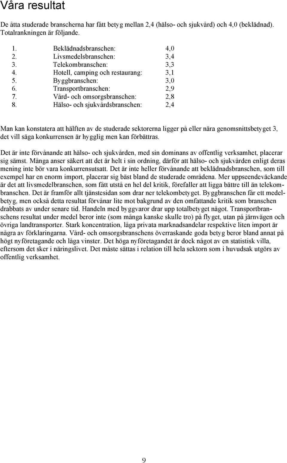 Hälso- och sjukvårdsbranschen: 2,4 Man kan konstatera att hälften av de studerade sektorerna ligger på eller nära genomsnittsbetyget 3, det vill säga konkurrensen är hygglig men kan förbättras.