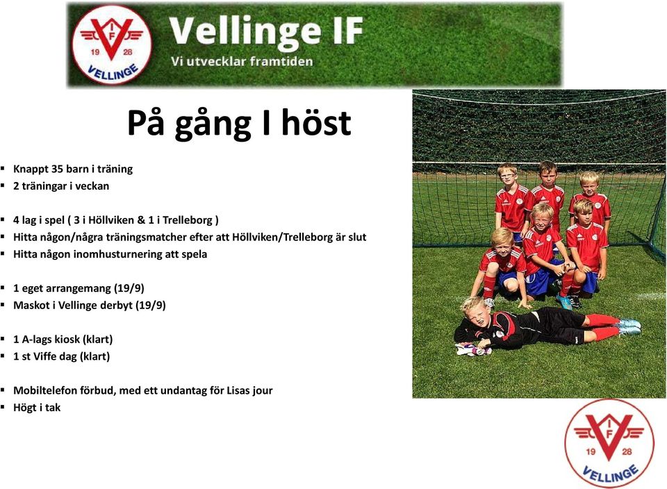 någon inomhusturnering att spela 1 eget arrangemang (19/9) Maskot i Vellinge derbyt (19/9) 1