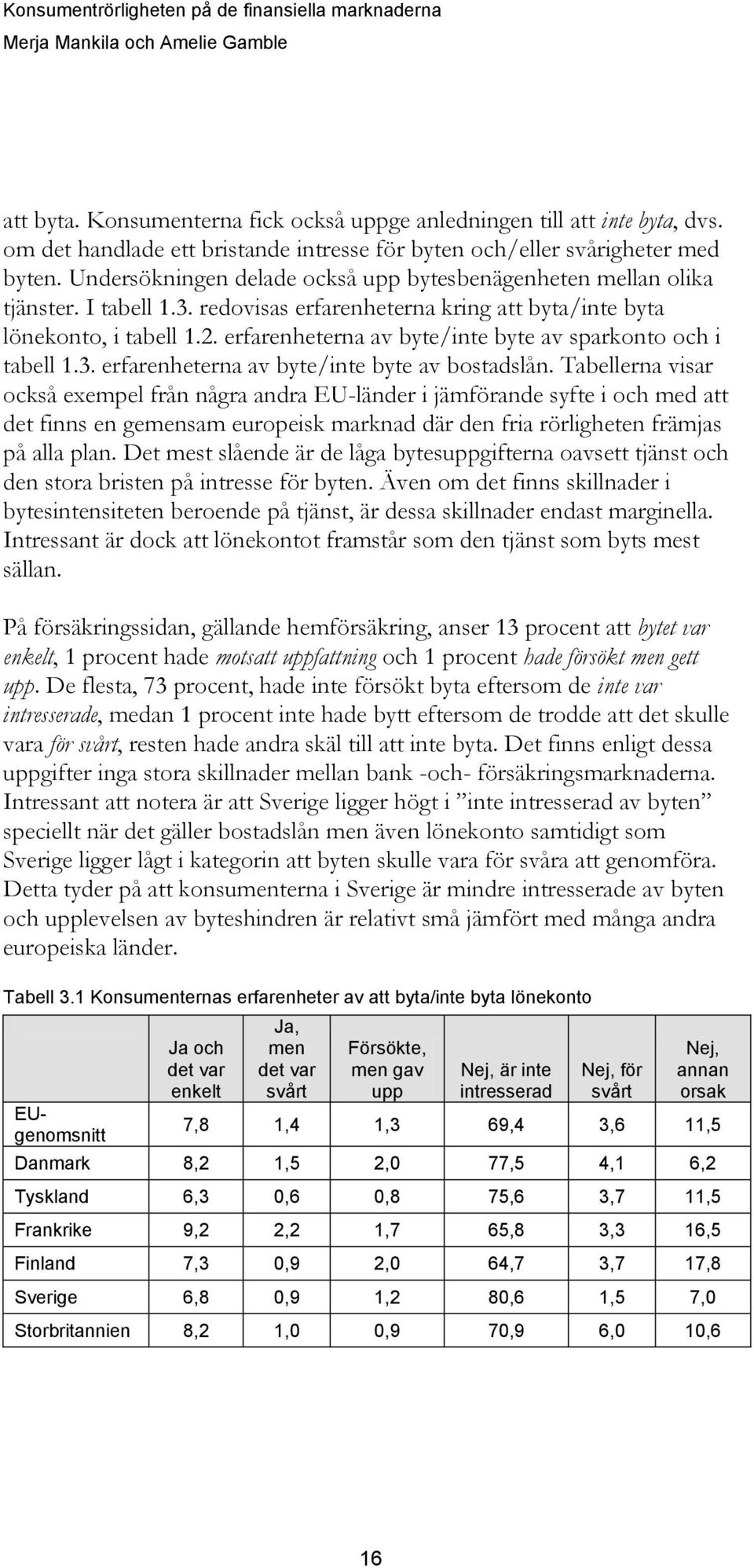 erfarenheterna av byte/inte byte av sparkonto och i tabell 1.3. erfarenheterna av byte/inte byte av bostadslån.