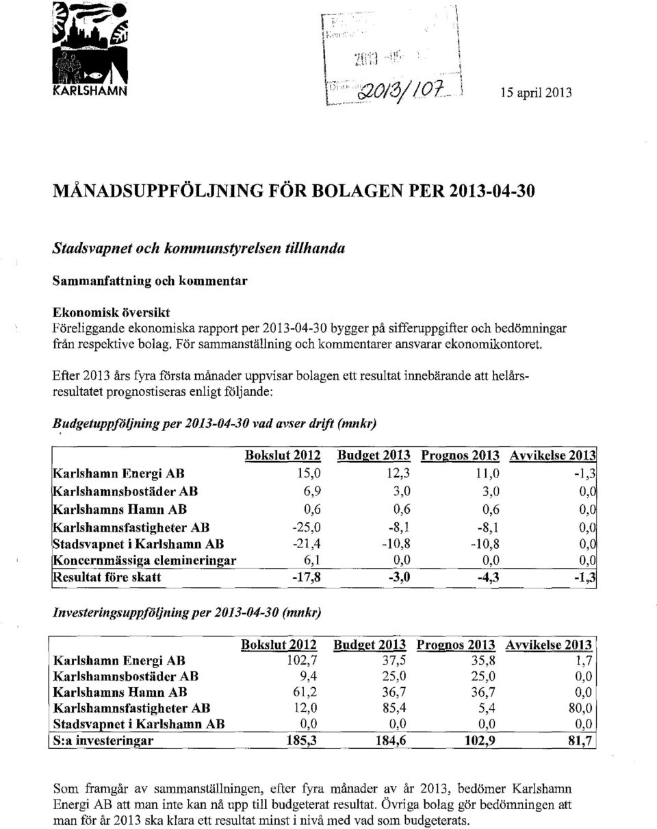 För sammanställning och kommentarer ansvarar ekonomikontoret Efter 2013 års fyra första månader uppvisar bolagen ett resultat innebärande att helårsresultatet prognostiseras enligt följande: