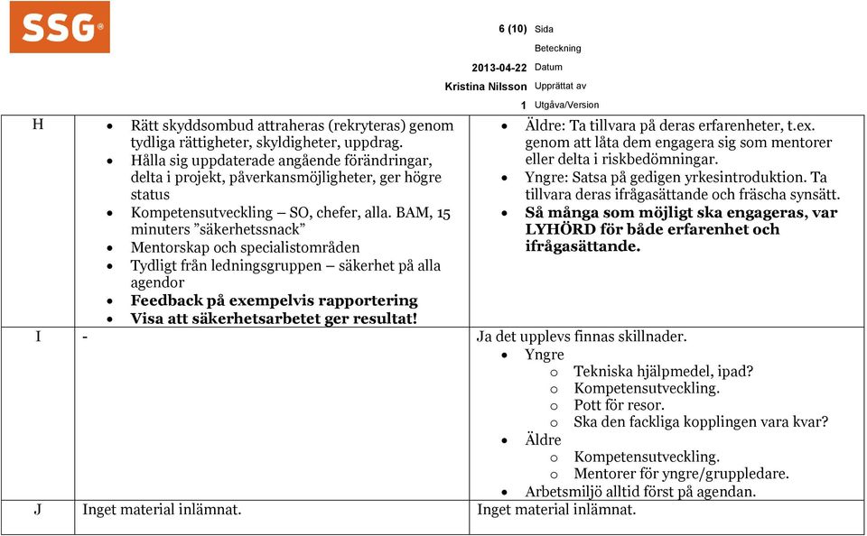 delta i projekt, påverkansmöjligheter, ger högre status Yngre: Satsa på gedigen yrkesintroduktion. Ta tillvara deras ifrågasättande och fräscha synsätt. Kompetensutveckling SO, chefer, alla.