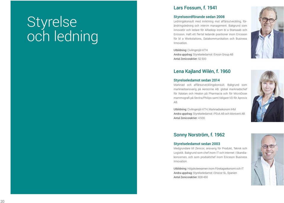 Utbildning: Civilingenjör KTH Andra uppdrag: Styrelseledamot i Encon Group AB Antal Zenicoraktier: 52 5 Lena Kajland Wilén, f. 196 Styrelseledamot sedan 214 Marknad och affärsutvecklingskonsult.