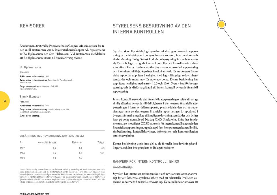 Bo Hjalmarsson Född: 1960 Auktoriserad revisor sedan: 1989 Övriga större revisionsuppdrag: Duni, Lundin Petroleum och Vostok Nafta. Övriga större uppdrag: Ordförande i FAR SRS Revisionskommitté.