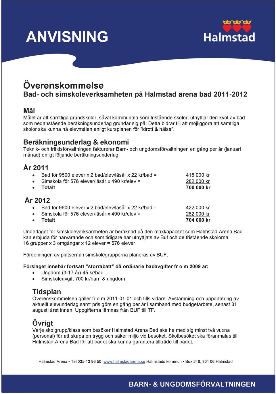 Beräkningsunderlag & ekonomi Teknik- och fritidsförvaltningen fakturerar Barn- och ungdomsförvaltningen en gång per år (januari månad) enligt följande beräkningsunderlag: År 2011 Bad för 9500 elever