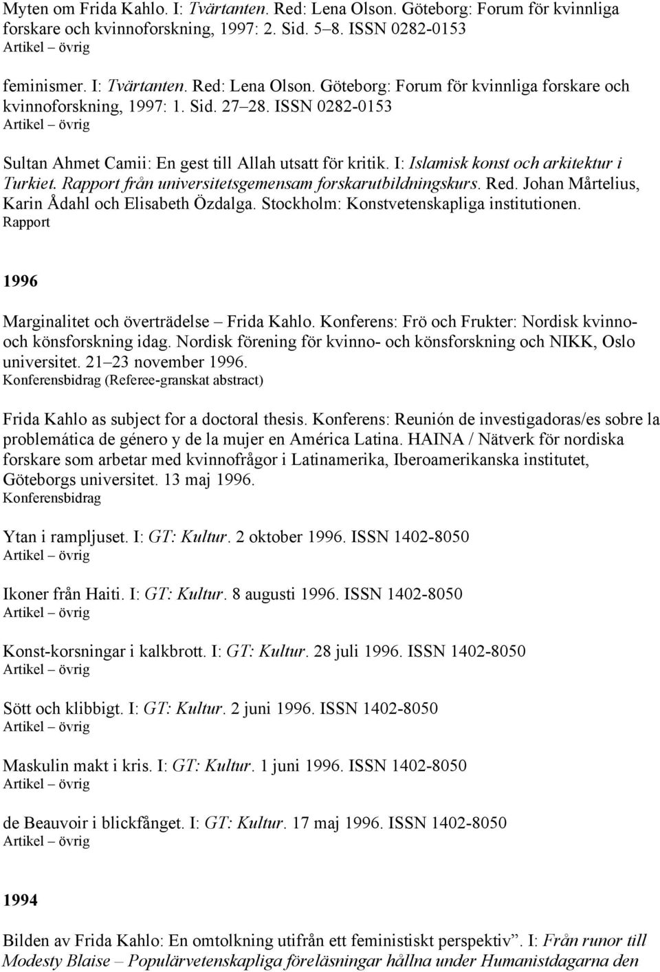 Johan Mårtelius, Karin Ådahl och Elisabeth Özdalga. Stockholm: Konstvetenskapliga institutionen. Rapport 1996 Marginalitet och överträdelse Frida Kahlo.