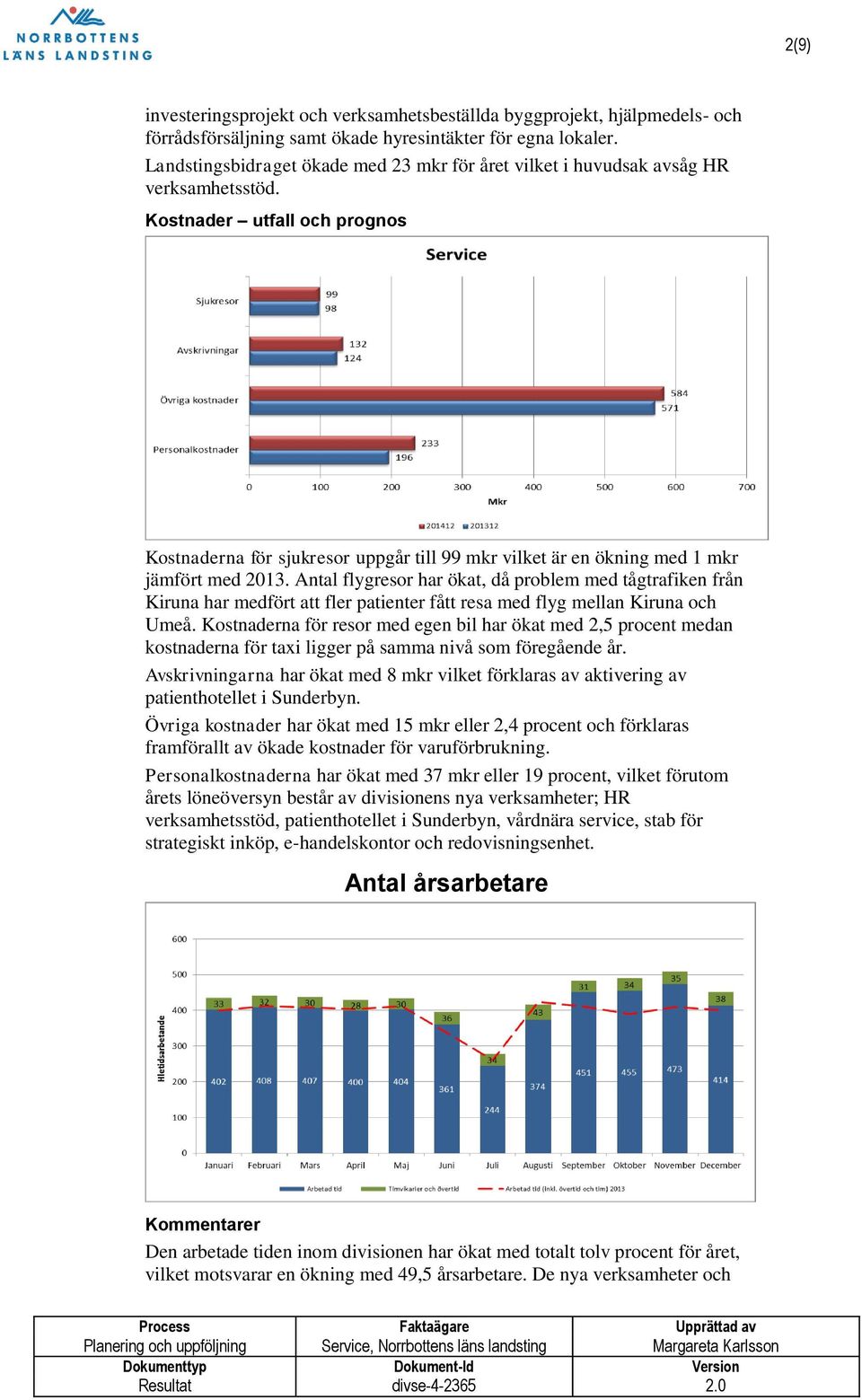 Kostnader utfall och prognos Kostnaderna för sjukresor uppgår till 99 mkr vilket är en ökning med 1 mkr jämfört med 2013.