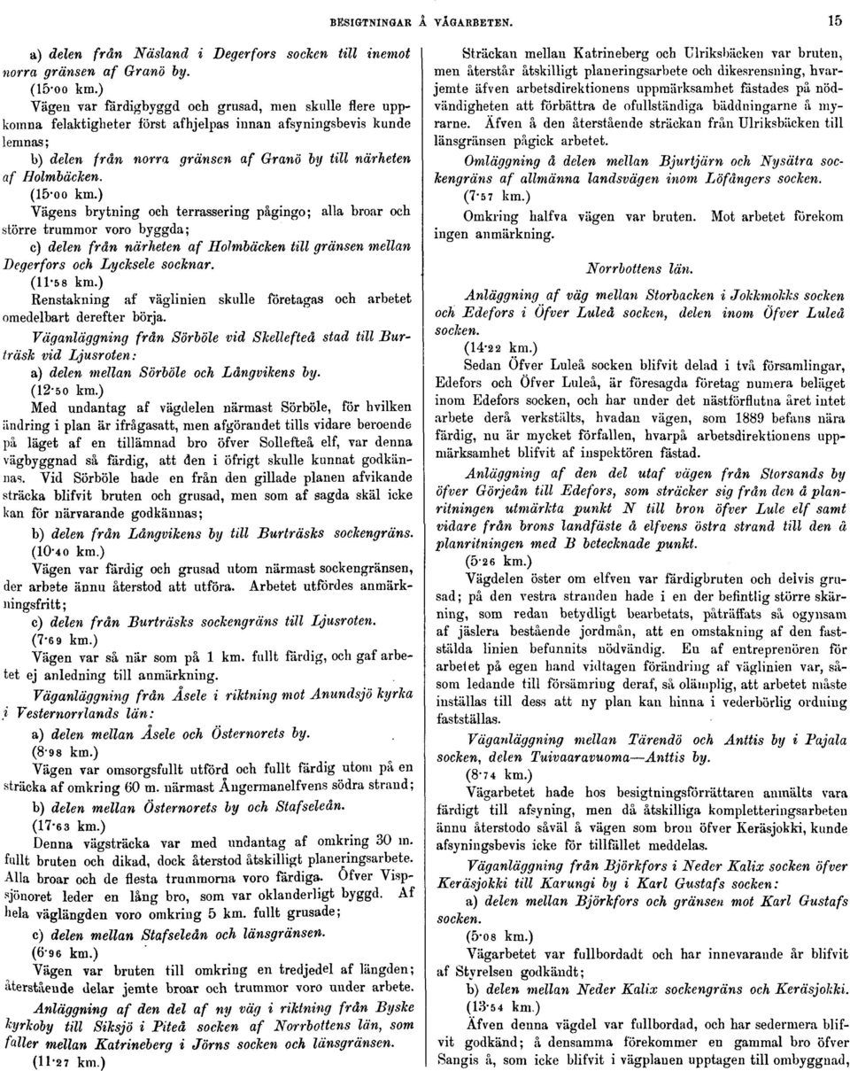 (15-oo km.) Vägens brytning och terrassering pågingo; alla broar och större trummor voro byggda; c) delen från närheten af HolmbäcJcen till gränsen mellan Degerfors och Lycksele socknar. (11-58 km.