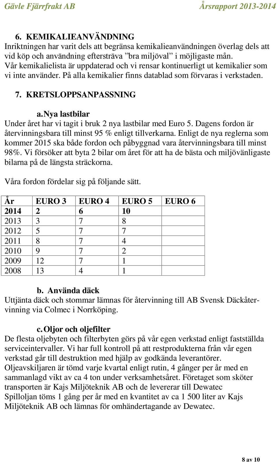 nya lastbilar Under året har vi tagit i bruk 2 nya lastbilar med Euro 5. Dagens fordon är återvinningsbara till minst 95 % enligt tillverkarna.