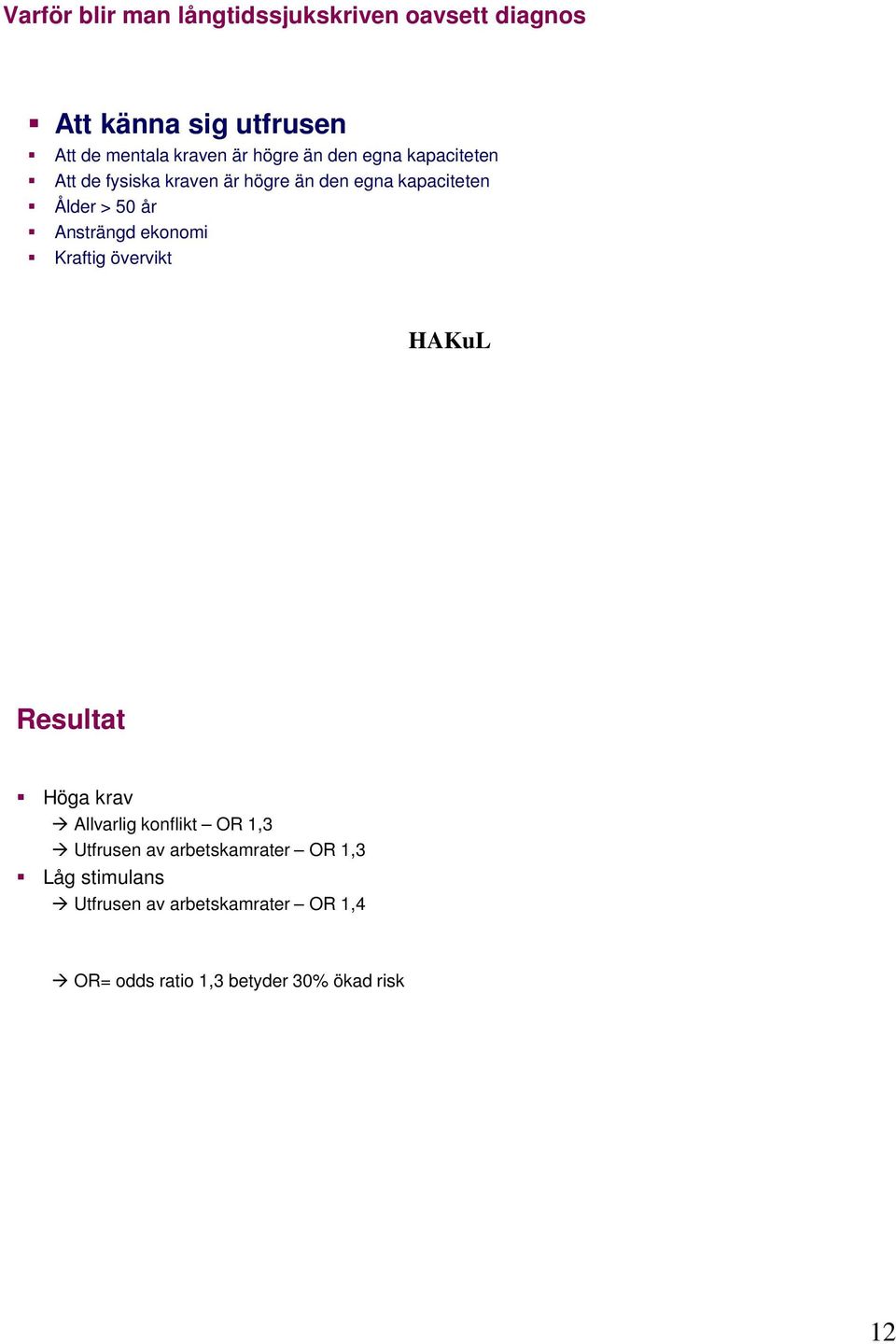 Ansträngd ekonomi Kraftig övervikt HAKuL Resultat Höga krav Allvarlig konflikt OR 1,3 Utfrusen av