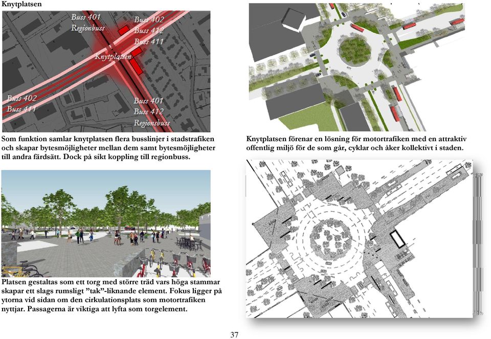 Knytplatsen förenar en lösning för motortrafiken med en attraktiv offentlig miljö för de som går, cyklar och åker kollektivt i staden.