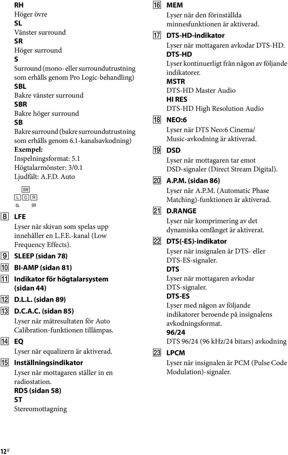 Auto H LFE Lyser när skivan som spelas upp innehåller en L.F.E.-kanal (Low Frequency Effects). I SLEEP (sidan 78) J BI-AMP (sidan 81) K Indikator för högtalarsystem (sidan 44) L D.L.L. (sidan 89) M D.