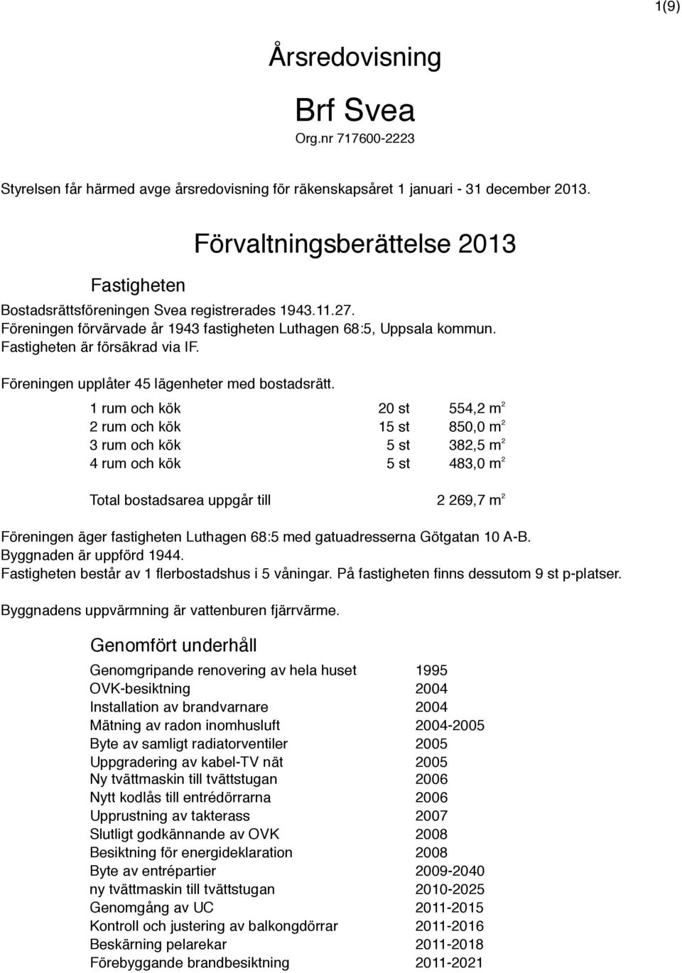 Föreningen upplåter 45 lägenheter med bostadsrätt.