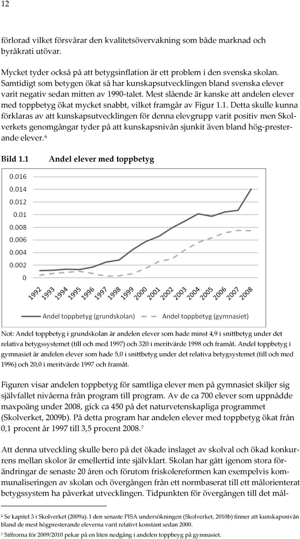 Mest slående är kanske att andelen elever med toppbetyg ökat mycket snabbt, vilket framgår av Figur 1.