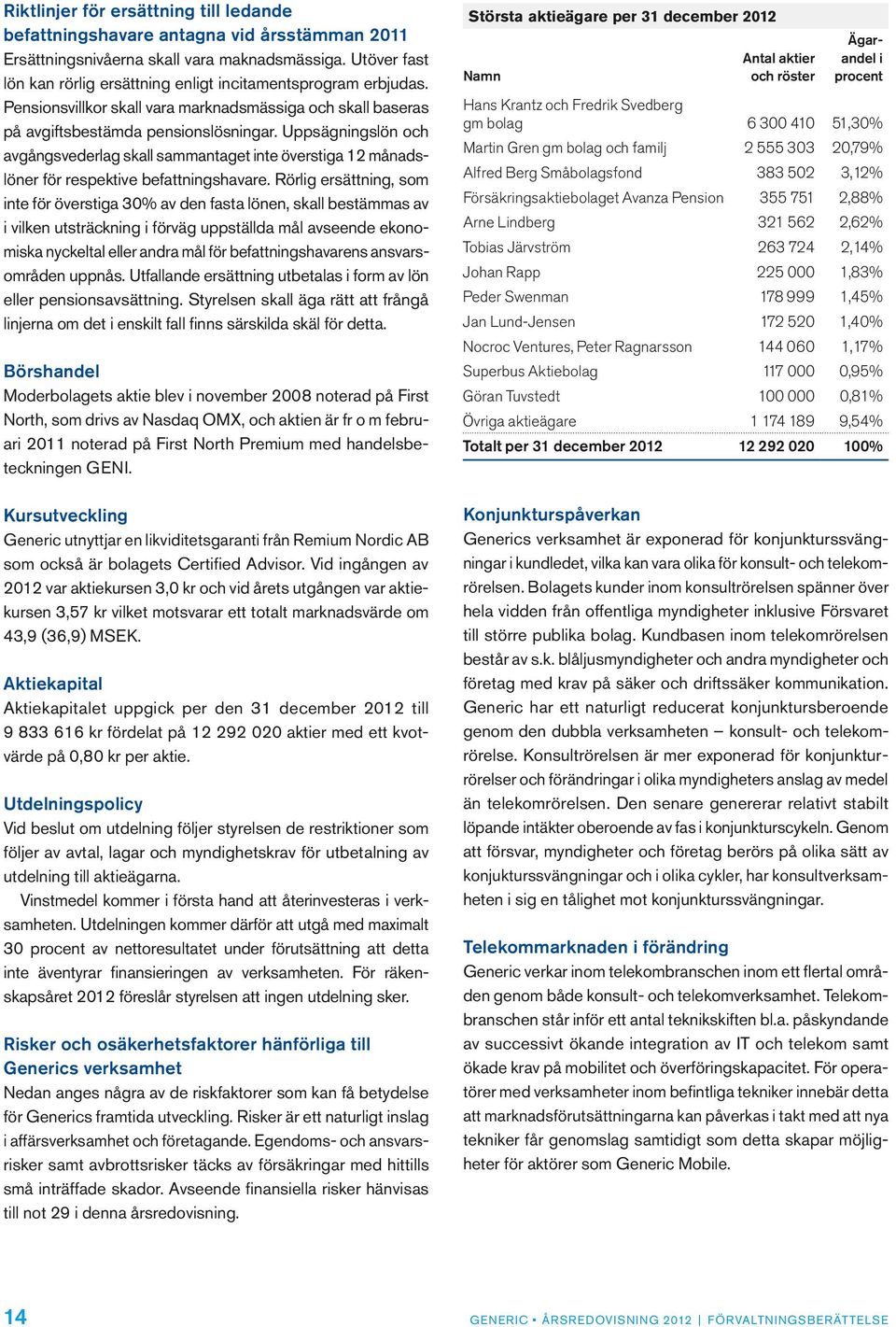 Uppsägningslön och avgångsvederlag skall sammantaget inte överstiga 12 månadslöner för respektive befattningshavare.