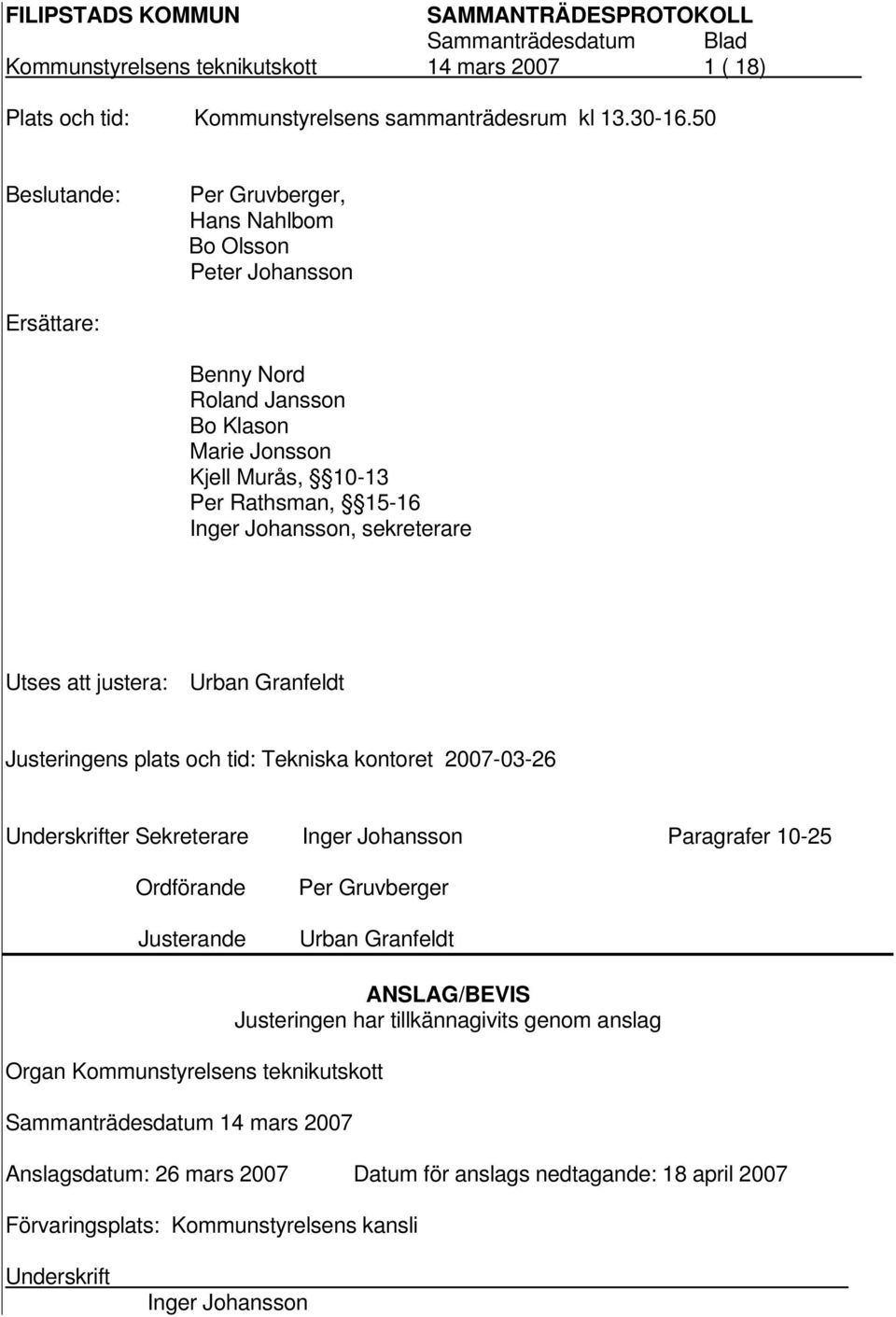 sekreterare Utses att justera: Urban Granfeldt Justeringens plats och tid: Tekniska kontoret 2007-03-26 Underskrifter Sekreterare Inger Johansson Paragrafer 10-25 Ordförande Justerande Per