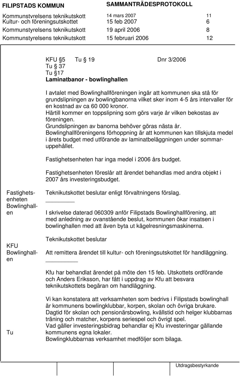 kostnad av ca 60 000 kronor. Härtill kommer en toppslipning som görs varje år vilken bekostas av föreningen. Grundslipningen av banorna behöver göras nästa år.