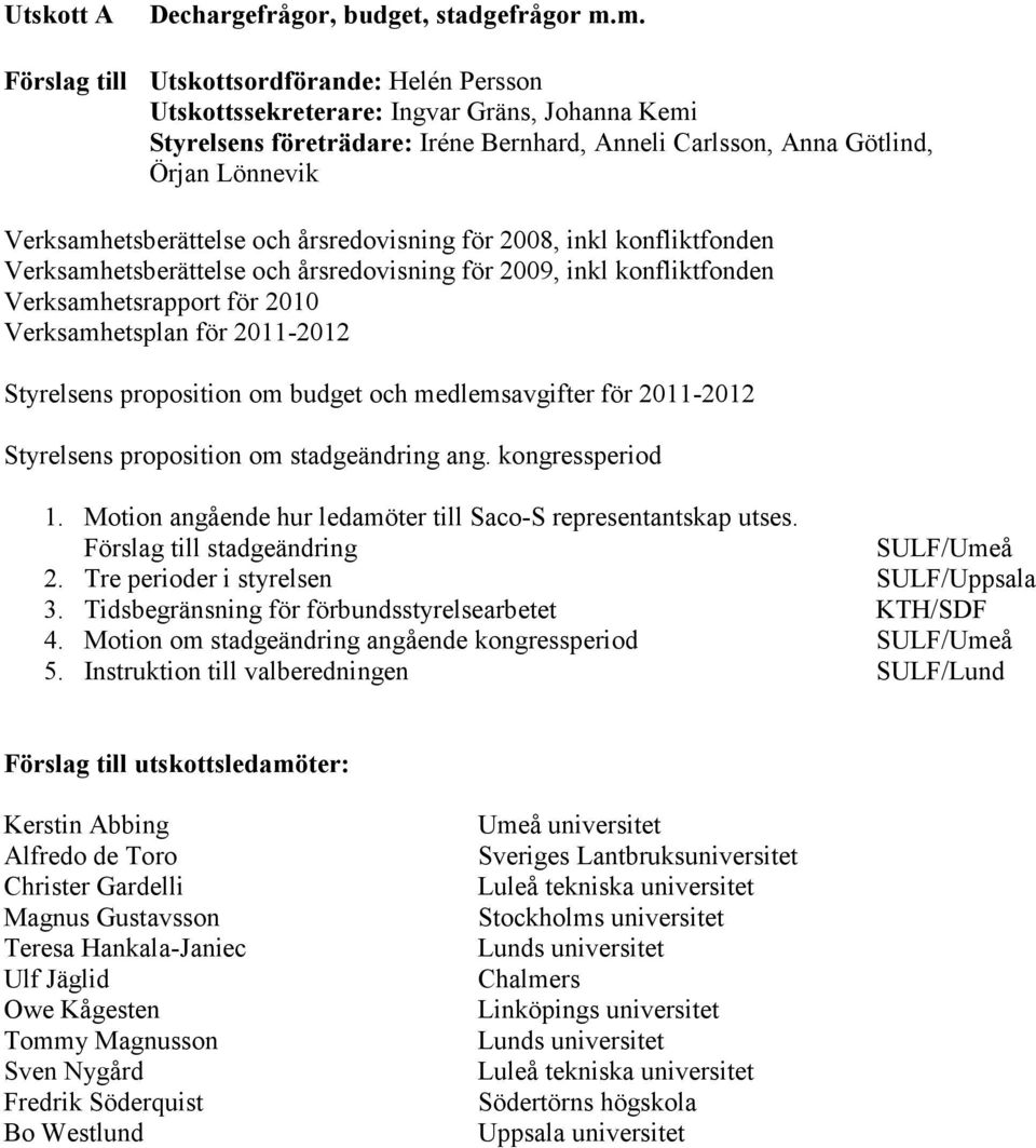 årsredovisning för 2008, inkl konfliktfonden Verksamhetsberättelse och årsredovisning för 2009, inkl konfliktfonden Verksamhetsrapport för 2010 Verksamhetsplan för 2011-2012 Styrelsens proposition om