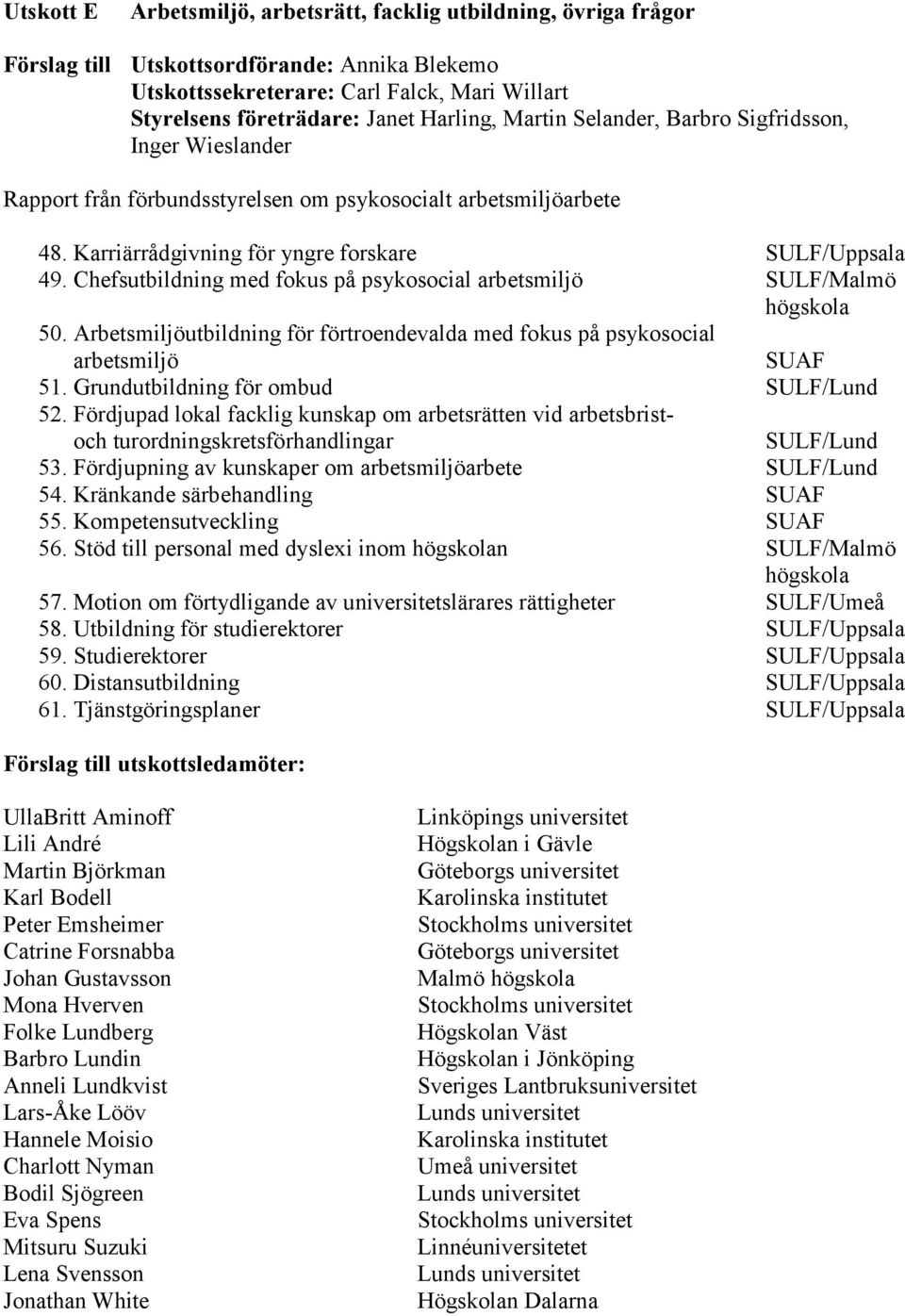 Chefsutbildning med fokus på psykosocial arbetsmiljö SULF/Malmö högskola 50. Arbetsmiljöutbildning för förtroendevalda med fokus på psykosocial arbetsmiljö SUAF 51.