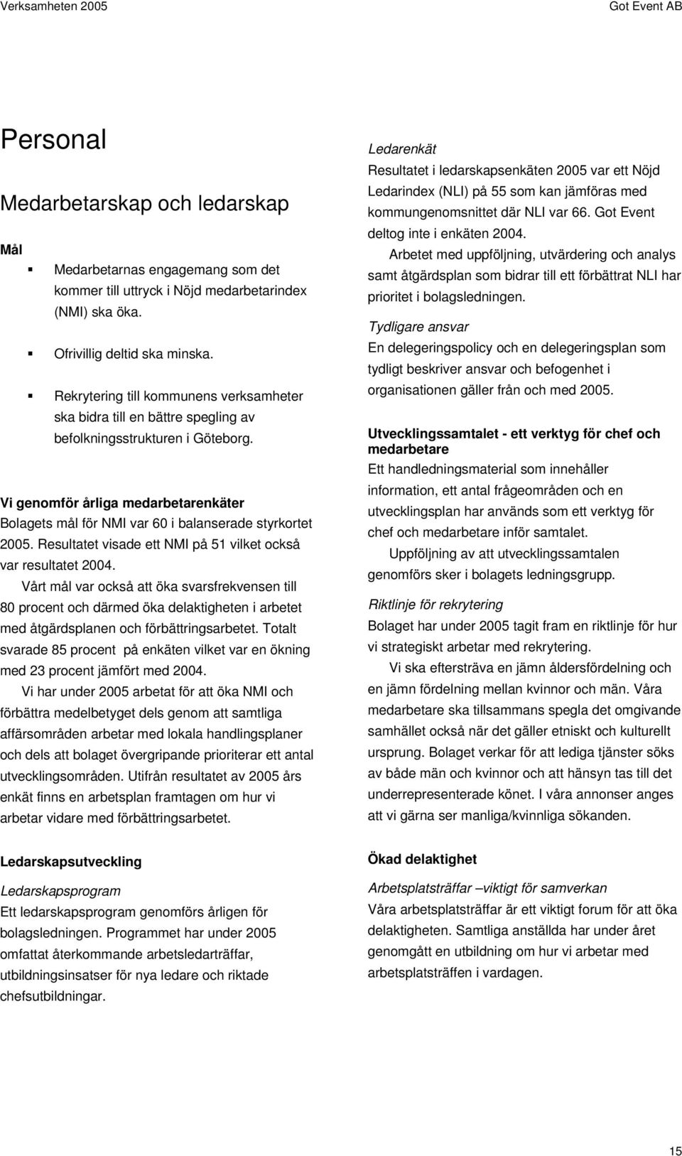 Vi genomför årliga medarbetarenkäter Bolagets mål för NMI var 60 i balanserade styrkortet 2005. Resultatet visade ett NMI på 51 vilket också var resultatet 2004.