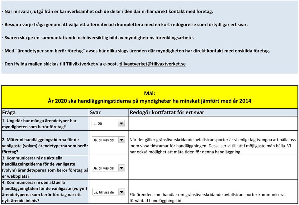 Svaren ska ge en sammanfattande och översiktlig bild av myndighetens förenklingsarbete.